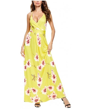 Cover-Ups Women V-Neck Sunflower Print Spaghetti Strap Beach Long Maxi Dresses - Yellow - CT1908OUR5I $51.68