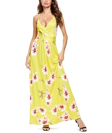 Cover-Ups Women V-Neck Sunflower Print Spaghetti Strap Beach Long Maxi Dresses - Yellow - CT1908OUR5I $51.68