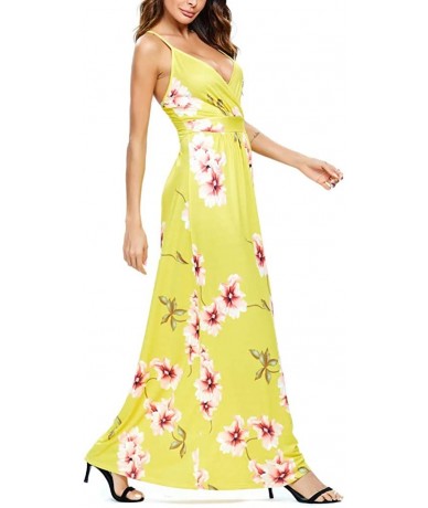 Cover-Ups Women V-Neck Sunflower Print Spaghetti Strap Beach Long Maxi Dresses - Yellow - CT1908OUR5I $51.68