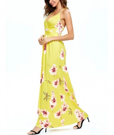 Cover-Ups Women V-Neck Sunflower Print Spaghetti Strap Beach Long Maxi Dresses - Yellow - CT1908OUR5I $51.68