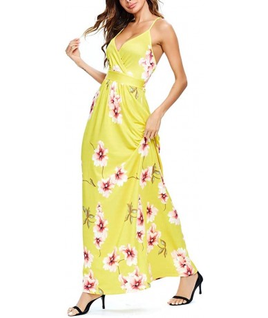 Cover-Ups Women V-Neck Sunflower Print Spaghetti Strap Beach Long Maxi Dresses - Yellow - CT1908OUR5I $51.68