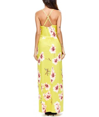 Cover-Ups Women V-Neck Sunflower Print Spaghetti Strap Beach Long Maxi Dresses - Yellow - CT1908OUR5I $51.68