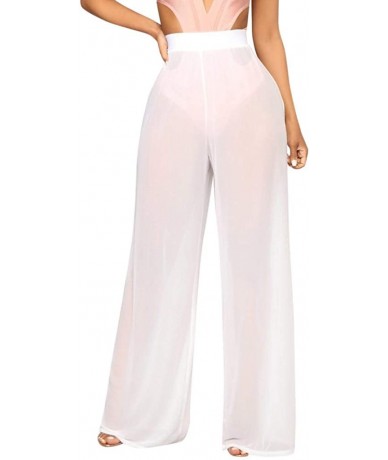 Cover-Ups Women See Through Mesh Flare Cover up Pants Elastic Waist Wide Leg Palazzo Trousers Swimsuit Bikini Bottom Cover up...