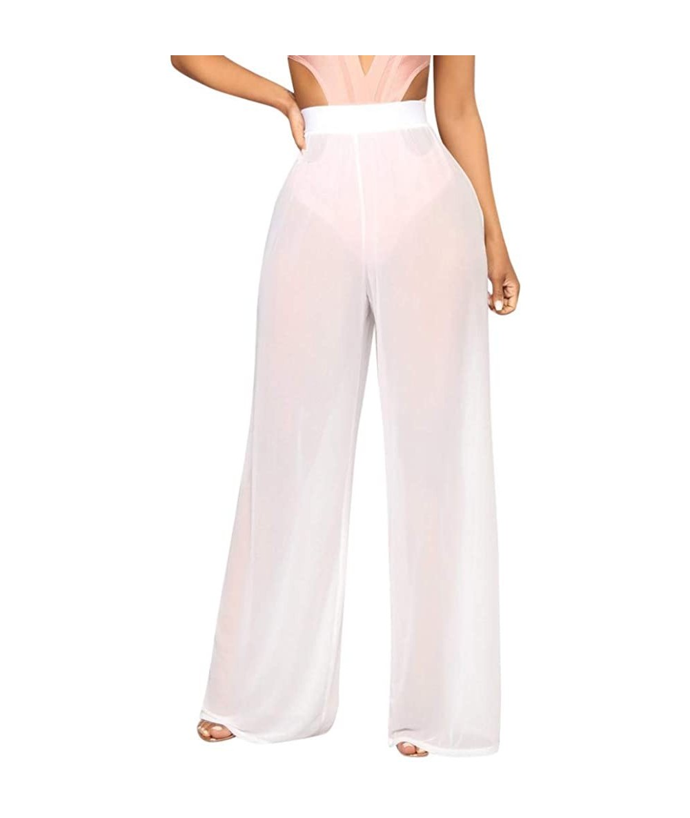 Cover-Ups Women See Through Mesh Flare Cover up Pants Elastic Waist Wide Leg Palazzo Trousers Swimsuit Bikini Bottom Cover up...