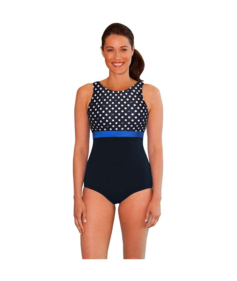 One-Pieces Chlorine Resistant Swimmer Dot Print Block High Neck One Piece Swimsuit Size 14 Black/White - CS18A42GA74 $78.68