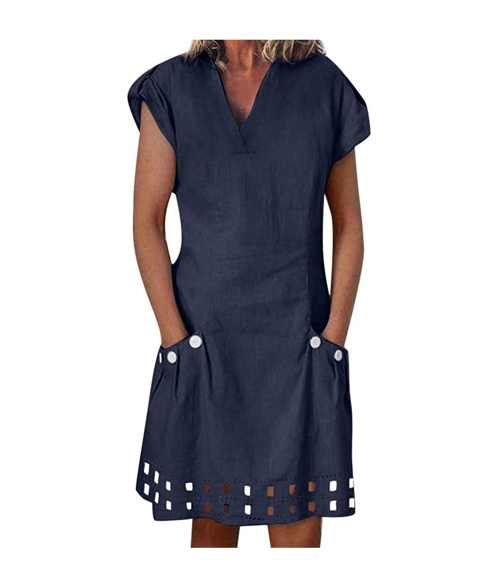 Bottoms Ms. Casual Cotton Solid Color Pocket Short-Sleeved Dress Buttons - ✿✿navy - CE18S7NWR37 $30.53