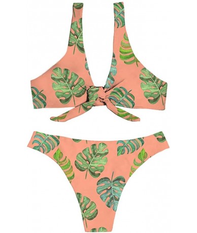 Sets Tropical Style Women Swimsuit Women Bandage Tie Knot Front Bikini Tankini Sets High Cut Thongs - Palm Leaf-2 - CU18QEQ82...