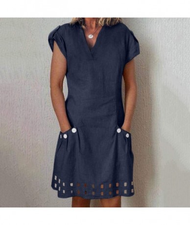 Bottoms Ms. Casual Cotton Solid Color Pocket Short-Sleeved Dress Buttons - ✿✿navy - CE18S7NWR37 $30.53