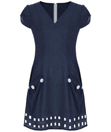 Bottoms Ms. Casual Cotton Solid Color Pocket Short-Sleeved Dress Buttons - ✿✿navy - CE18S7NWR37 $30.53