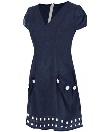 Bottoms Ms. Casual Cotton Solid Color Pocket Short-Sleeved Dress Buttons - ✿✿navy - CE18S7NWR37 $30.53