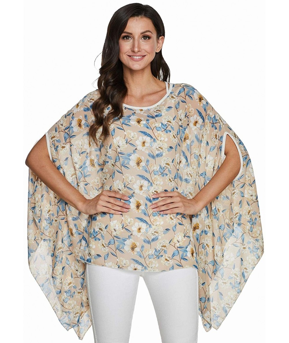 Cover-Ups Womens Floral Printed Batwing Sleeve Chiffon Caftan Poncho Blouse Summer Tunic Tops Beach Cover Up - Boho 28 - CN19...