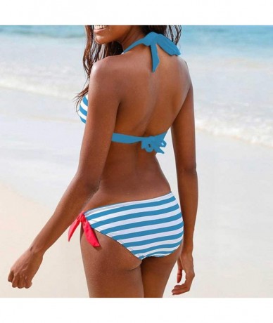 Rash Guards Women's Sexy Striped Print Swimsuit Bikini Bra Bra Beachwear Two-Piece Swimsuit - Light Blue - CI18T2K9KNN $28.90