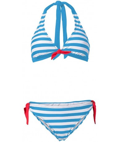 Rash Guards Women's Sexy Striped Print Swimsuit Bikini Bra Bra Beachwear Two-Piece Swimsuit - Light Blue - CI18T2K9KNN $28.90