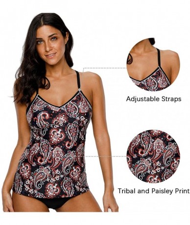 One-Pieces Women Striped Tankini Set with Brief Cross Back Padded Two Piece Swimsuit - Black Paisley - C918CSZZLXN $53.34