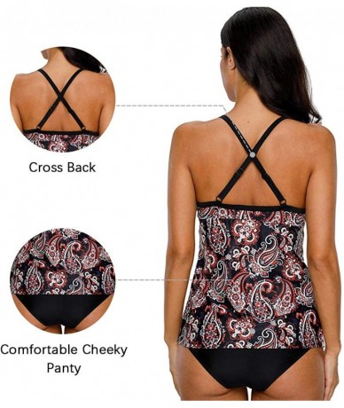 One-Pieces Women Striped Tankini Set with Brief Cross Back Padded Two Piece Swimsuit - Black Paisley - C918CSZZLXN $53.34