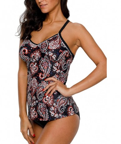 One-Pieces Women Striped Tankini Set with Brief Cross Back Padded Two Piece Swimsuit - Black Paisley - C918CSZZLXN $53.34