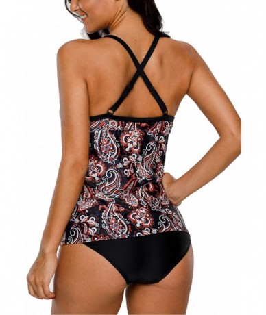 One-Pieces Women Striped Tankini Set with Brief Cross Back Padded Two Piece Swimsuit - Black Paisley - C918CSZZLXN $53.34