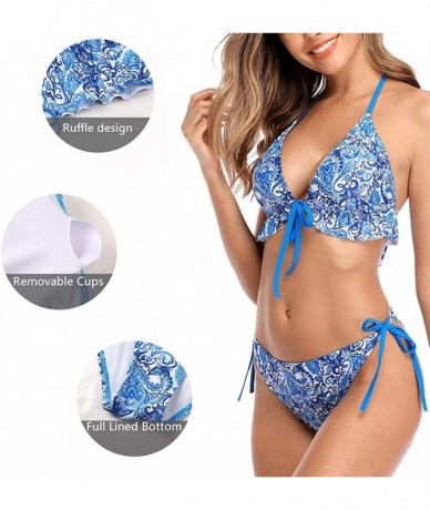 Sets Women Ruffle Bikini Swimsuits Adjustable Strap Bathing Suits Two Piece - Blue-tie Front/Paisley Printed - CJ195UIKULI $4...