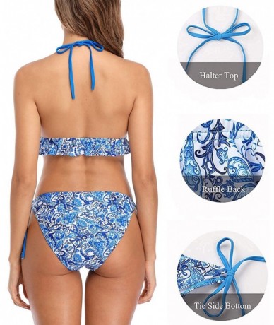 Sets Women Ruffle Bikini Swimsuits Adjustable Strap Bathing Suits Two Piece - Blue-tie Front/Paisley Printed - CJ195UIKULI $4...