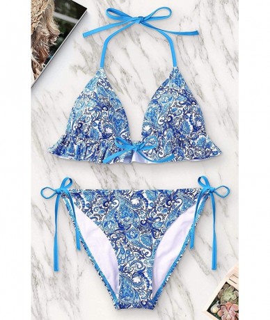 Sets Women Ruffle Bikini Swimsuits Adjustable Strap Bathing Suits Two Piece - Blue-tie Front/Paisley Printed - CJ195UIKULI $4...