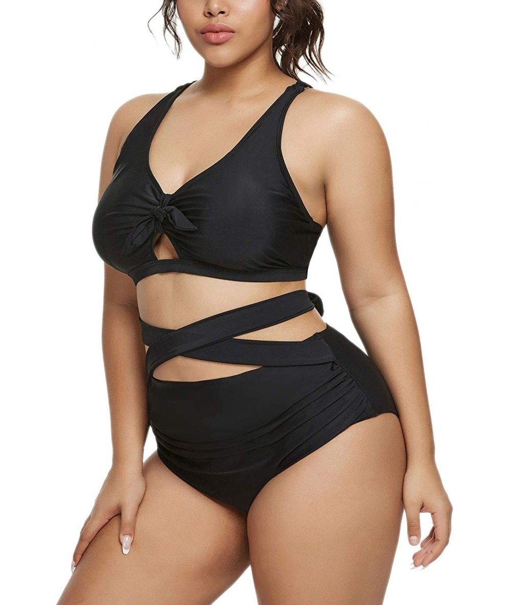 Sets Women Plus Size Bikini High Waisted Swimsuit Ruffled Keyhole Bathing Suit - Black - CI198Q59RL7 $47.40