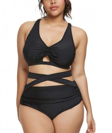 Sets Women Plus Size Bikini High Waisted Swimsuit Ruffled Keyhole Bathing Suit - Black - CI198Q59RL7 $47.40