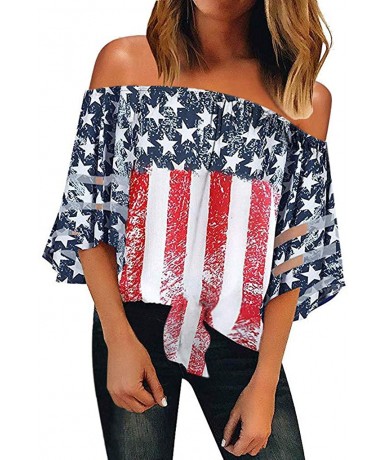 Rash Guards Women American Flag Off Shoulder Mesh Panel Blouse 3/4 Bell Sleeve Top Shirt - Red - CM18TYGH06U $23.45