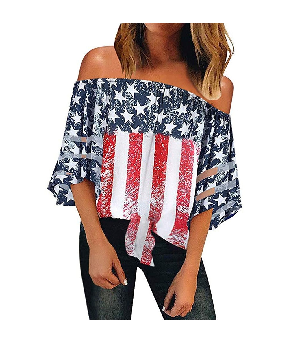 Rash Guards Women American Flag Off Shoulder Mesh Panel Blouse 3/4 Bell Sleeve Top Shirt - Red - CM18TYGH06U $23.45