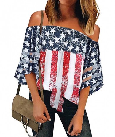 Rash Guards Women American Flag Off Shoulder Mesh Panel Blouse 3/4 Bell Sleeve Top Shirt - Red - CM18TYGH06U $23.45