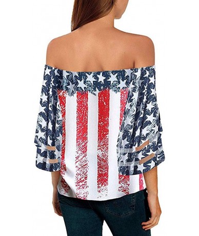 Rash Guards Women American Flag Off Shoulder Mesh Panel Blouse 3/4 Bell Sleeve Top Shirt - Red - CM18TYGH06U $23.45