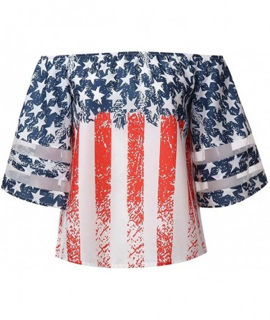 Rash Guards Women American Flag Off Shoulder Mesh Panel Blouse 3/4 Bell Sleeve Top Shirt - Red - CM18TYGH06U $23.45