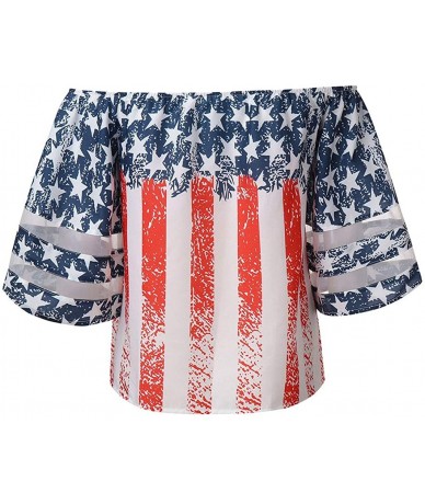 Rash Guards Women American Flag Off Shoulder Mesh Panel Blouse 3/4 Bell Sleeve Top Shirt - Red - CM18TYGH06U $23.45