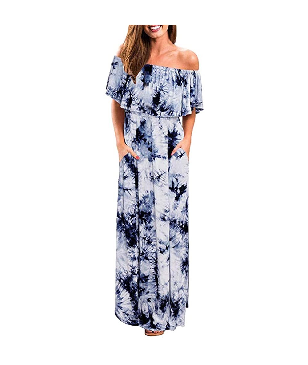 Cover-Ups Women's Summer Off Shoulder Split Maxi Dress Short Sleeve Ruffle Tie Dye Casual Party Beach Long Dress - Grey - C51...