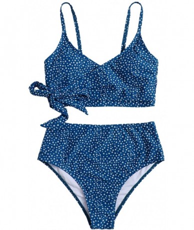 Sets Women's Two Pieces Swimsuit Solid Color Tie Side Top High Waisted Bikini Set - Blue - CZ19E09LLIN $44.63