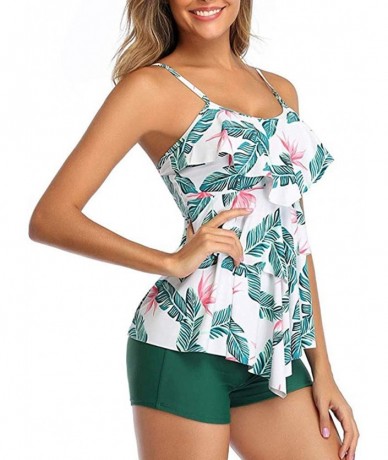 Tankinis Women's Two Piece Tankini Set Ruffle Tummy Control Swimsuits Flounce Printed Top with Boyshorts Bathing Suit - A - F...