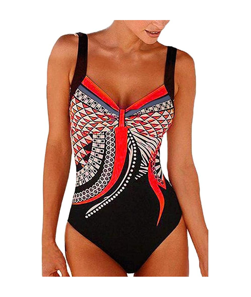 Cover-Ups Women Summer Backless Sexy Print Swimwear Beachwear Siamese Swimsuit Bikini Set - Red - CZ194TGNULG $33.60