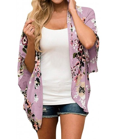 Cover-Ups Womens Kimono Cardigan- Mesh Panel 3/4 Bell Sleeve Floral Open Front Cover Up Tops Blouses - 02 Pink - C418TOER8M8 ...