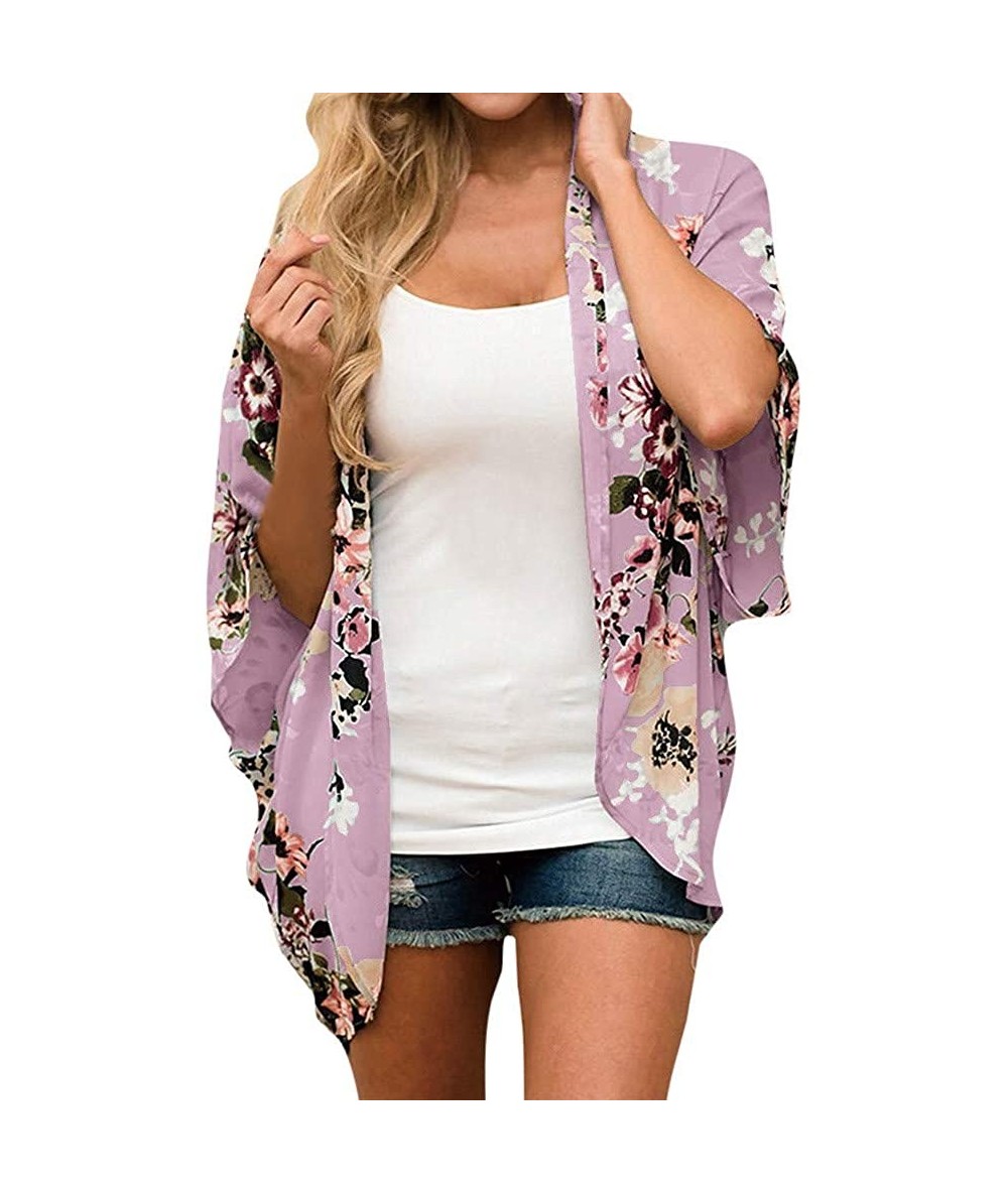 Cover-Ups Womens Kimono Cardigan- Mesh Panel 3/4 Bell Sleeve Floral Open Front Cover Up Tops Blouses - 02 Pink - C418TOER8M8 ...