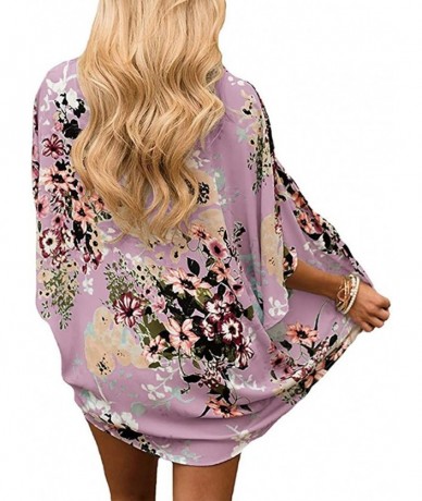 Cover-Ups Womens Kimono Cardigan- Mesh Panel 3/4 Bell Sleeve Floral Open Front Cover Up Tops Blouses - 02 Pink - C418TOER8M8 ...