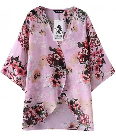 Cover-Ups Womens Kimono Cardigan- Mesh Panel 3/4 Bell Sleeve Floral Open Front Cover Up Tops Blouses - 02 Pink - C418TOER8M8 ...