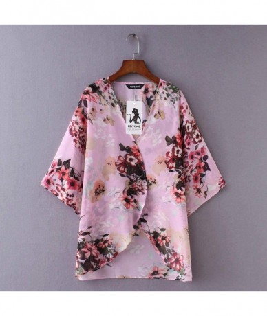 Cover-Ups Womens Kimono Cardigan- Mesh Panel 3/4 Bell Sleeve Floral Open Front Cover Up Tops Blouses - 02 Pink - C418TOER8M8 ...