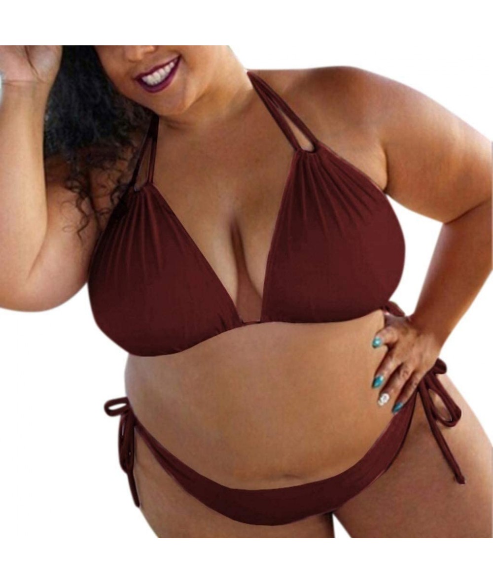 Sets Womens Solid Push Up Padded Plus Size Halter Bikini Set Swimsuit Bathing Suit Swimwear - Wine - C6195G7TAZN $27.20