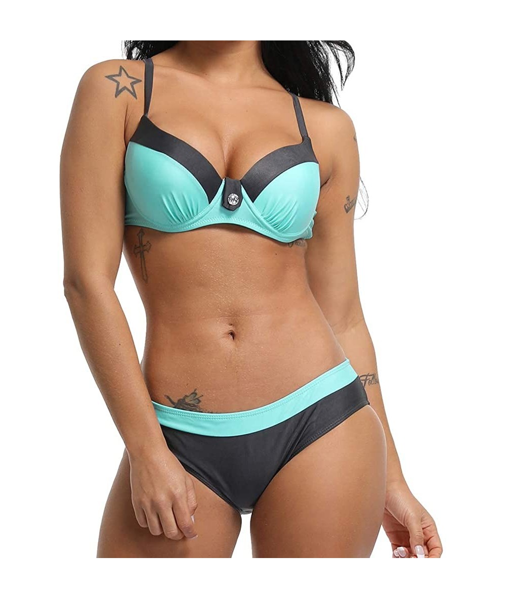 Sets Women's Push Up Color Block Two Piece Bikini with Underwire Set Padded Swimsuit Bathing Suit - Green - C318RO4O8O6 $34.89