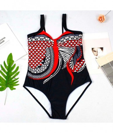 Cover-Ups Women Summer Backless Sexy Print Swimwear Beachwear Siamese Swimsuit Bikini Set - Red - CZ194TGNULG $33.60