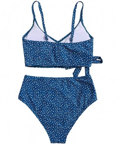 Sets Women's Two Pieces Swimsuit Solid Color Tie Side Top High Waisted Bikini Set - Blue - CZ19E09LLIN $44.63