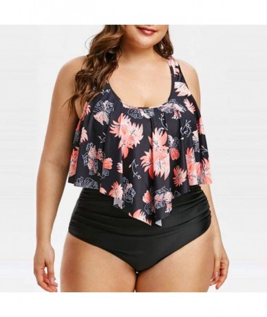 Racing Women Plus Size Tankini Swimsuits Tank Top Retro Printed Swimsuit with Boyshorts Two Piece Bathing Suit - Orange - CB1...