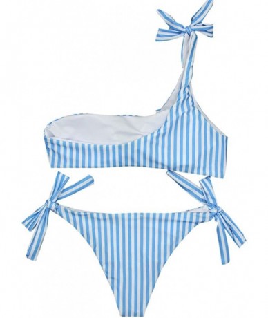 Sets 1 Set Women One Shoulder Bikini Striped Swimsuit Bikini Striped Swimsuit - Sky Blue - CB18H56R55G $26.83