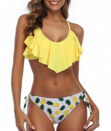 Sets Flounce Bikini Side Tie Bottom Padded Ruffled Top Two Piece Swimsuit for Women Cross Back Bathing Suit Yellow Pineapple ...