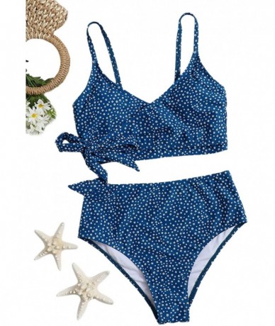 Sets Women's Two Pieces Swimsuit Solid Color Tie Side Top High Waisted Bikini Set - Blue - CZ19E09LLIN $44.63