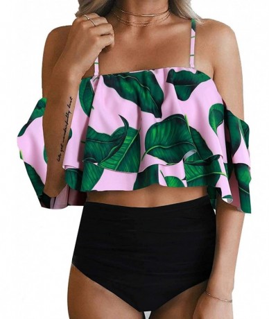 Racing Women Two Piece Off Shoulder Ruched Double Ruffled Flounce Crop Top andPrint Cut Out Bottoms Bikini Set H pink Leaf - ...